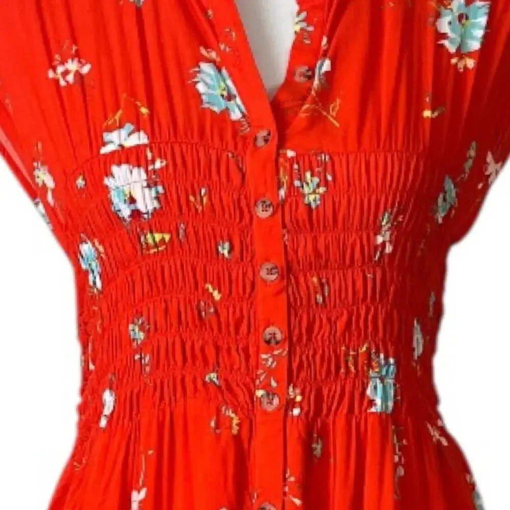 Free People Dress Smocked Waist Button Front Red Floral Women’s Size Medium